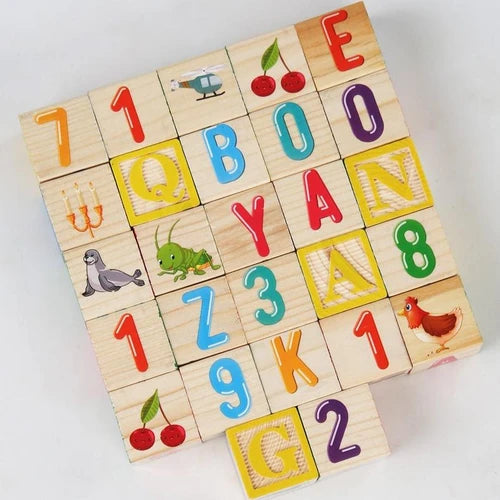 APODESS Children's wooden teaching toys puzzle 27 large particles blocks ABC letters of the alphabet