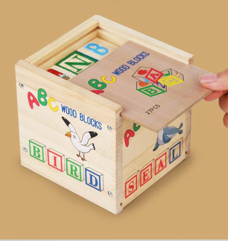 APODESS Children's wooden teaching toys puzzle 27 large particles blocks ABC letters of the alphabet
