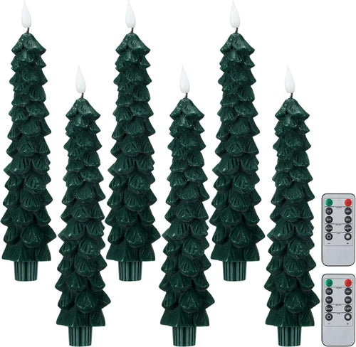 APODESS 6Pcs Forest Faux Candle Christmas Tree Candle with Remote Switch, Breathing Lights