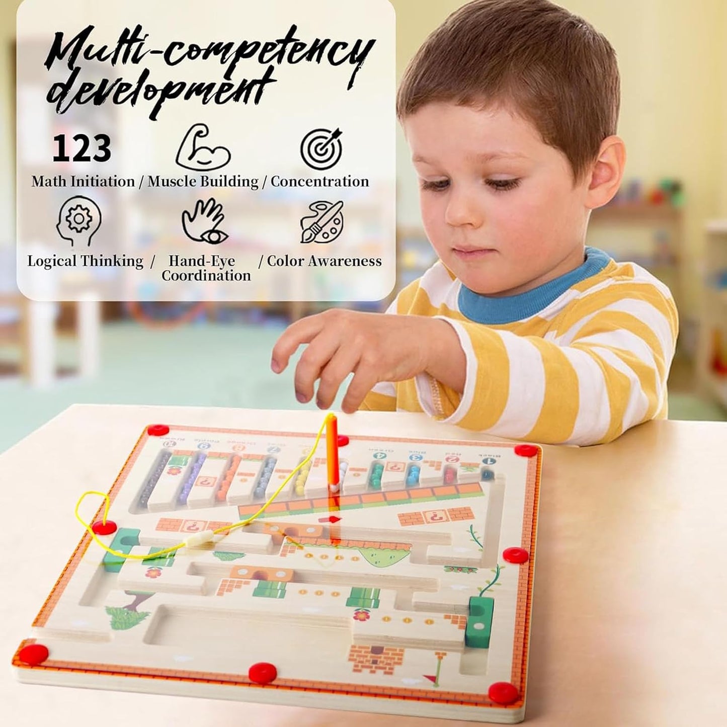 APODESS Magnetic Color and Number Maze, Wooden Matching Learning Counting Puzzle Board for Halloween