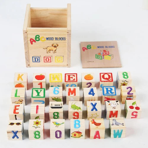 APODESS Children's wooden teaching toys puzzle 27 large particles blocks ABC letters of the alphabet